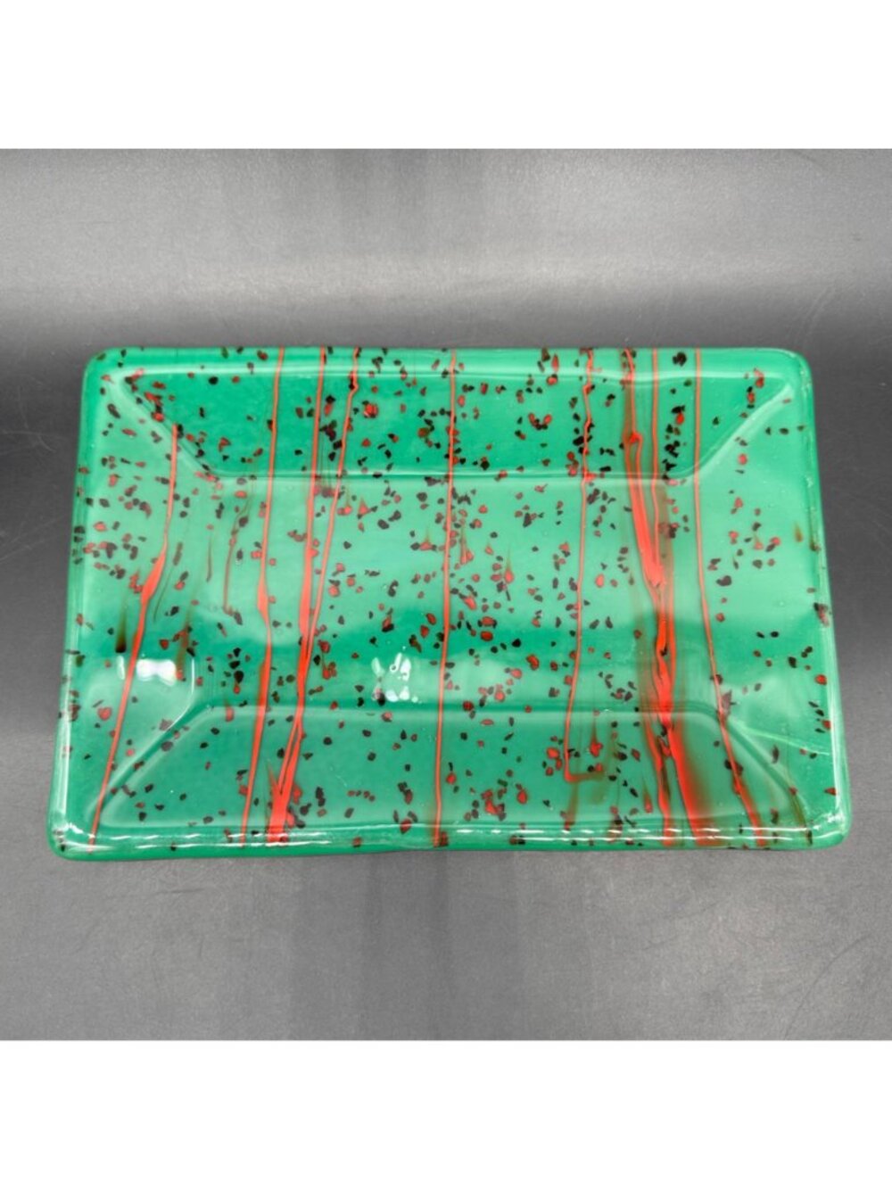 Fused Glass Tray Green Red Black Trinket Dish Plate Abstract Splatter Handmade - Picture 2 of 8